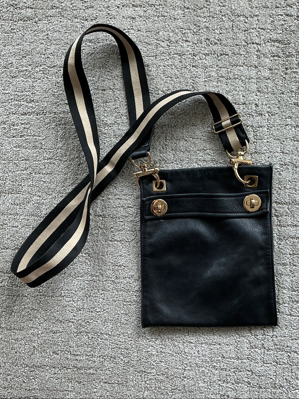 Black Leather Crossbody Bag with Striped Adjustable Strap